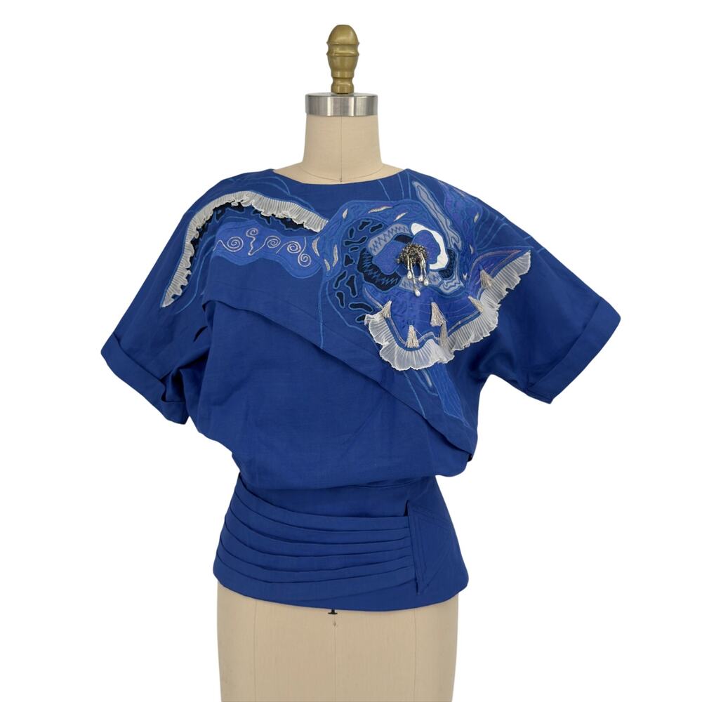 Vintage 80s Art-To-Wear Linen Embroidered + Beaded Blouse Top XS/S Cinched Waist